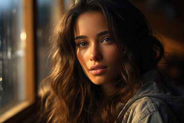 Portrait of a serene woman gazing pensively near a window at the golden hour.