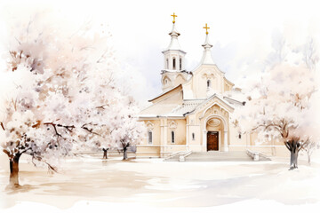 Obraz premium Watercolor Catholic Church Painting Between Blooming Trees, wedding Clip art
