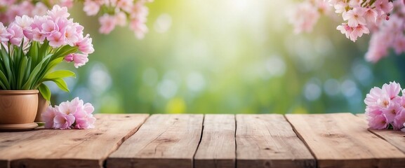 Empty Wooden Table Background Blurred Spring Flowers, Wooden Table