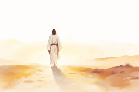 Jesus Christ Walking Alone Watercolor Illustration
