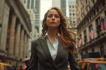 In the heart of the bustling business district, a woman in a sophisticated suit stands out as she confidently walks down the street, her poised demeanor