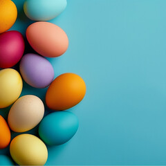 Easter concept. Colorful Easter eggs on a blue background with copy space