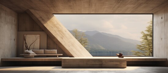A room with a window showcasing a stunning view of a vast mountain range. The rooms interior features concrete and wood elements, creating a simple and modern aesthetic.