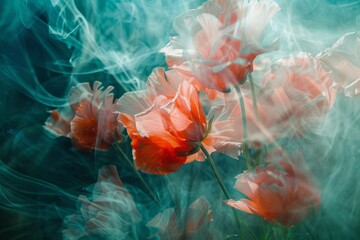 Blossomed flowers in the style of abstracted photography in light red and light aquamarine colors. Surreal still life composition in motion blur