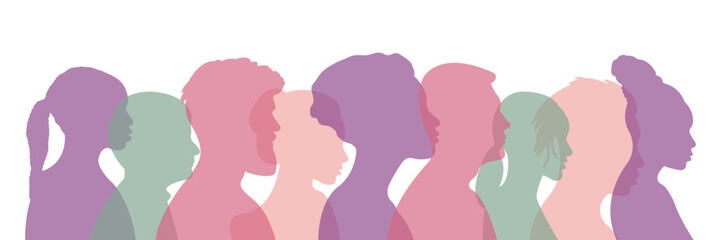 Silhouettes of a group of people.Silhouettes of people of different nationalities standing side by side together.Vector illustration. - obrazy, fototapety, plakaty