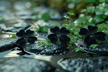 black flowers on rocks in water
