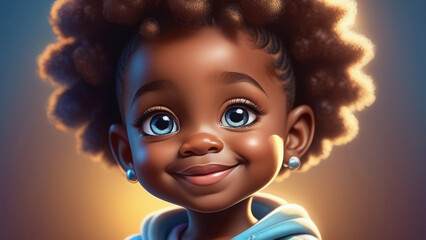 Fototapeta premium Smiling little african american kid girl on abstract background. Pop art portrait happy cute child. Illustration for postcard
