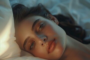 Close up of a young woman's dark hair sprawled on a pillow, peaceful sleep in the soft glow of morning light