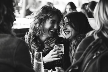 Black and white image capturing a candid moment of joy between two women sharing a laugh while holding drinks