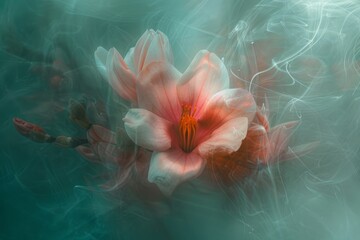 Blossomed flowers in the style of abstracted photography in light red and light aquamarine colors. Surreal still life composition in motion blur