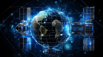 Futuristic telecom satellite orbiting earth with global online connection and gps services