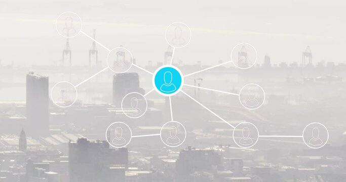 Animation of network of connections with icons over cityscape