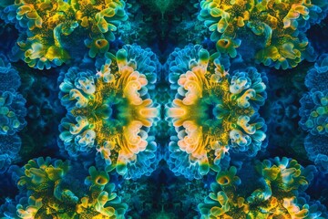 Marvel at an enchanting kaleidoscopic pattern of vividly glowing coral formations in hues of yellow and blue against a dark backdrop