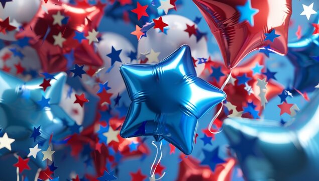 patriotic background blue star shaped balloons and red white and blue banners Generative AI