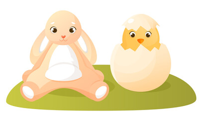 Happy easter. The Easter bunny and a chicken hatched from a shell are sitting in a green meadow. Cute pink hare and yellow chick in a shell. Cartoon characters for greeting cards, posters and banners