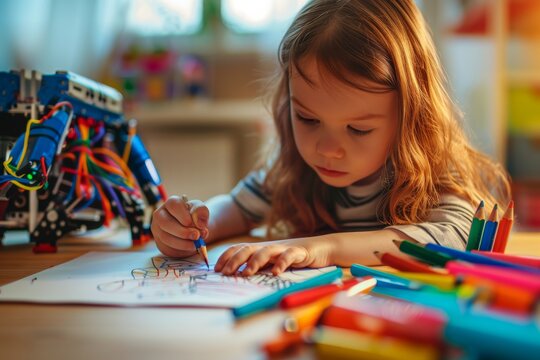 Photograph a child teaching a robot how to draw with crayons on paper. 