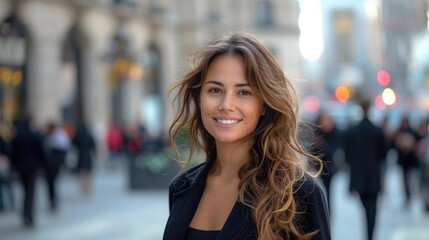 Obraz premium Smiling woman with long hair, friendly expression, urban street background with blurry lights.