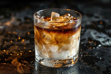 a glass of liquid with ice and brown liquid