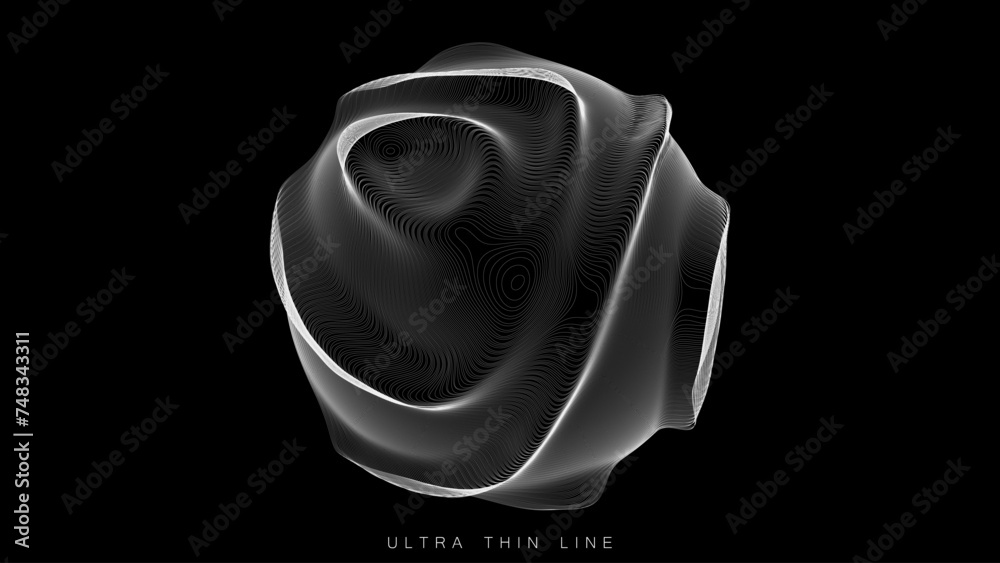 Poster ultra thin line fluid geometry. dynamic vector distorted spheres.