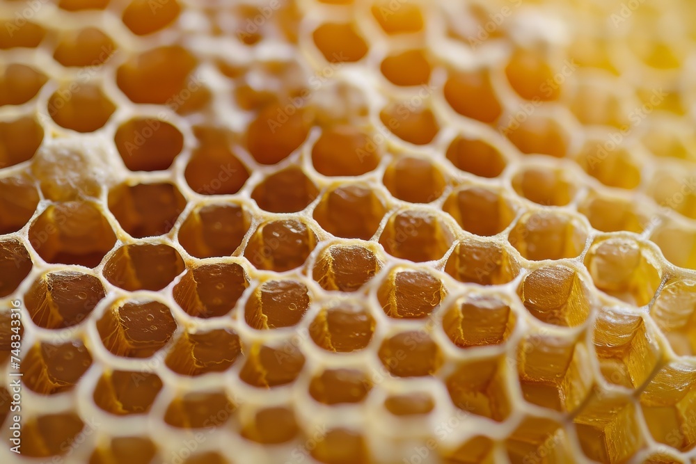 Poster a close-up view revealing the geometric perfection and golden tones of a bee-made honeycomb structur