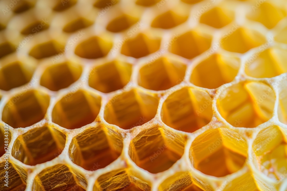 Poster close-up image highlighting the geometric perfection and natural golden hues of a honeycomb, showcas
