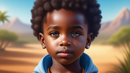 Cheerful little african american kid boy on on rustic sunny ethnic background in Natural Sunlight....