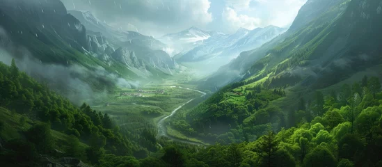 Stickers muraux Rivière forestière A painting depicting a lush green valley with towering mountains in the background. The scene captures the beauty of spring, with vibrant forests and a river flowing through the valley.