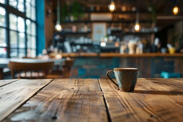A single espresso coffee cup sits on a well-worn wooden table, offering a warm invite in a cozy café atmosphere - obrazy, fototapety, plakaty