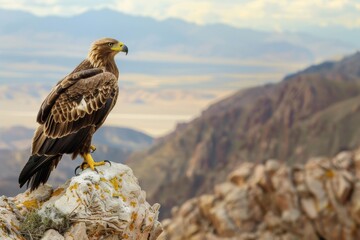 A regal eagle sitting atop a rock against a breathtaking mountain backdrop captures the essence of wildlife and freedom
