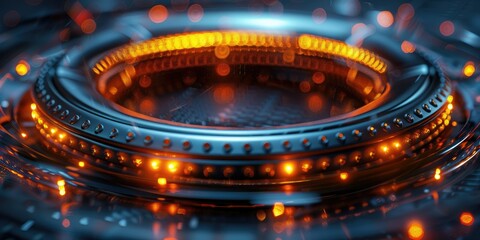 Futuristic technology interface with glowing orange lights and intricate circuit patterns. - obrazy, fototapety, plakaty