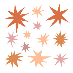 Colorful sharp shapes collection. Boho irregular sparks and twinkles set. Abstract edgy sparkles and stars element pack. Asymmetry angular forms bundle for banner, collage, poster, sticker. Vector