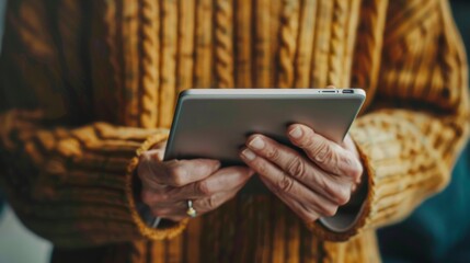 Close-up image showing the hands of an elderly person using a modern tablet, representing the intersection of age and technology