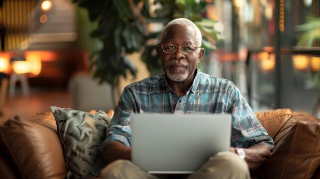 In a cozy setting, a senior man in a plaid shirt looks pensively at a laptop screen, surrounded by indoor plants