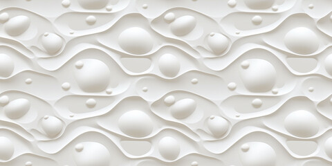Organic Shapes Background, White 3d Seamless Pattern, Soft Wavy Texture, Embossed Paint