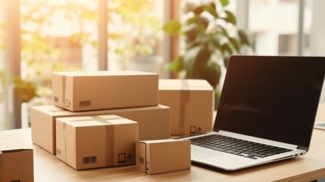 Small business entrepreneur working at home office with box for online selling and e-commerce