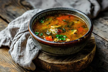 a bowl of soup on a wood surface