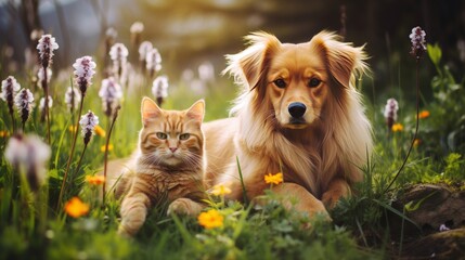 Adorable dog and cat lying together on green grass field, enjoying sunny spring day in nature