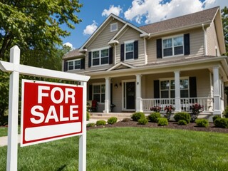 Real estate sign in front of house for sale in nice suburban neighborhood