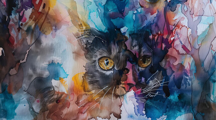 Abstract Watercolor Painting of Vibrant Feline Forms.