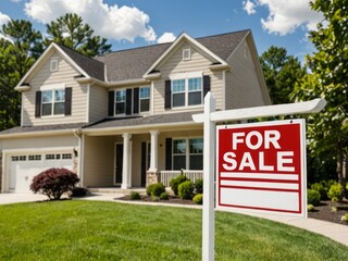 Real estate sign in front of house for sale in nice suburban neighborhood