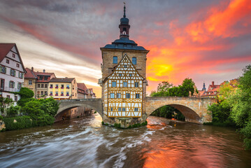Bamberg, Germay. Beautiful small town of Bavaria, colored sunset sky..