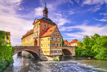 Bamberg, Germay. Beautiful small town of Bavaria, colored sunset sky.. - obrazy, fototapety, plakaty