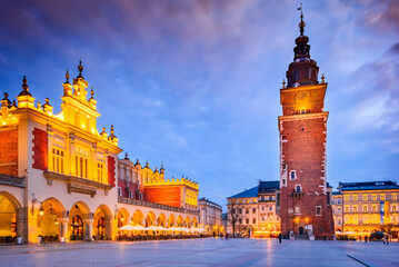 Krakow, Poland - Medieval Ryenek Square with Town Hall Tower.