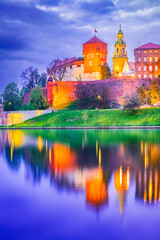 Krakow, Poland. Wawel Castle and Vistula River water reflection, historical Cracovia.