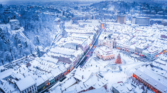 Brasov, Romania. Aerial view of Council Square and Christmas Tree, Transylvania landmark, Eastern Europe