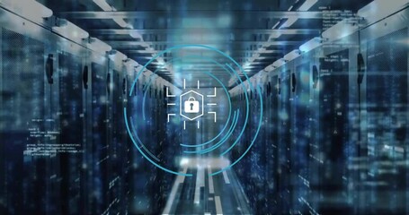 Animation of padlock icon and digital data processing over computer servers - Powered by Adobe