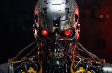 a robot with red eyes and yellow wires