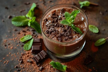 a glass of chocolate milkshake with mint leaves