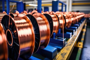 Obraz premium Manufacturing copper wire and bronze cable reels at factory.