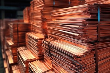 Copper sheets stacked on rail carriages in warehouse at refinery.